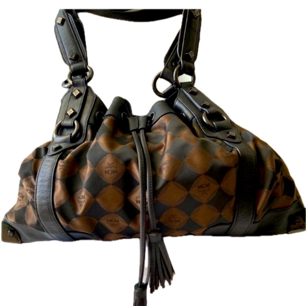 MCM Brown and Black Shoulder Bag with Geometric Pattern